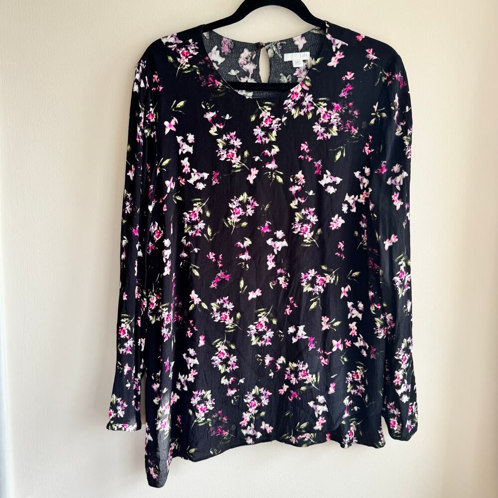 J. Jill Black Purple White Floral Top Crew Neck Long Sleeve Pullover Womens Sz L